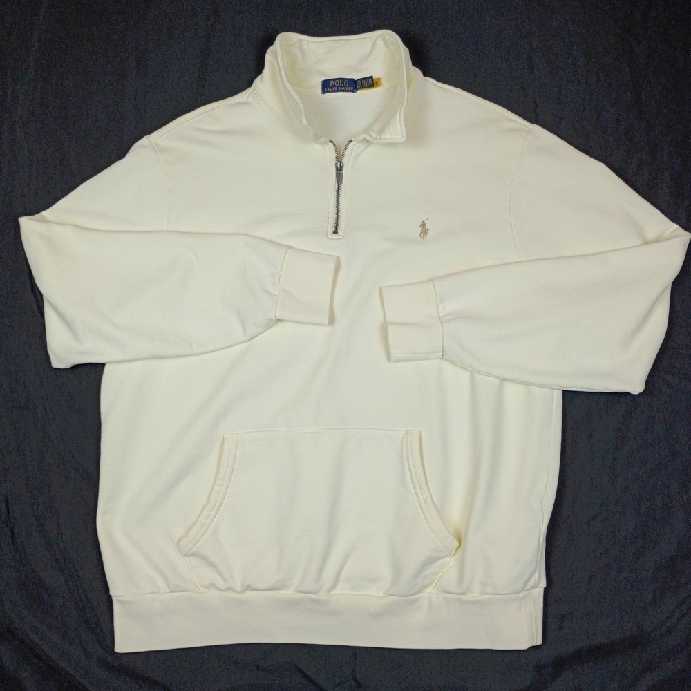 Polo Ralph Lauren Mens XXL Quarter Zip Pullover Sweatshirt Cream Off White Pony